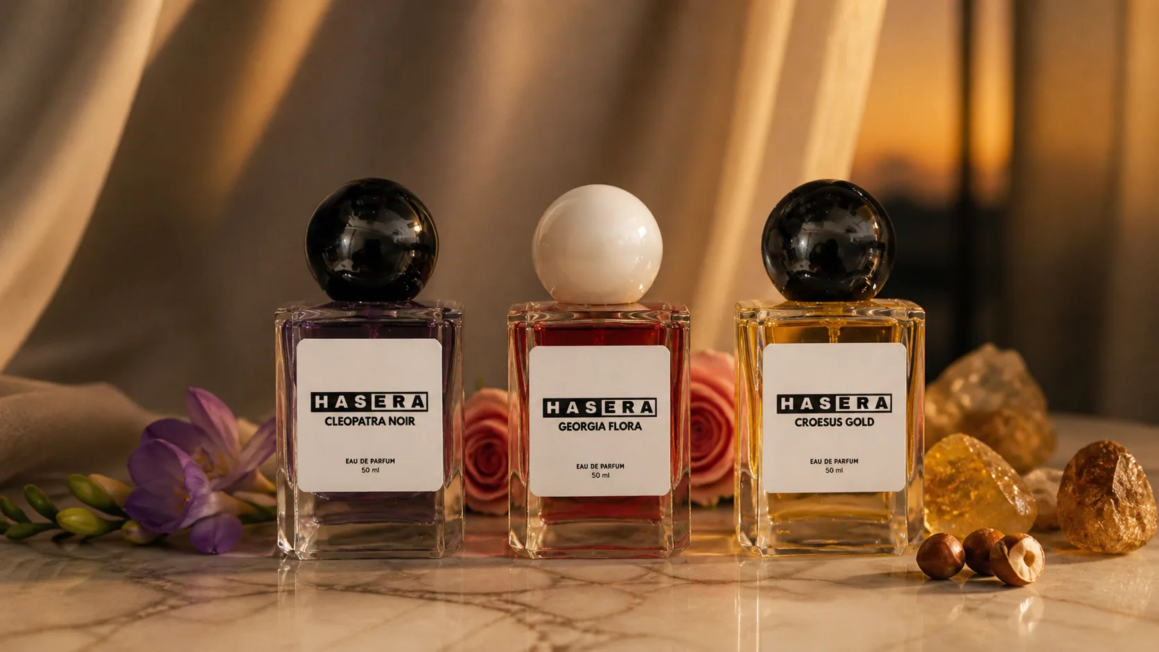 Koleksi parfum HASERA: Cleopatra Noir, Georgia Flora, dan Croesus Gold
